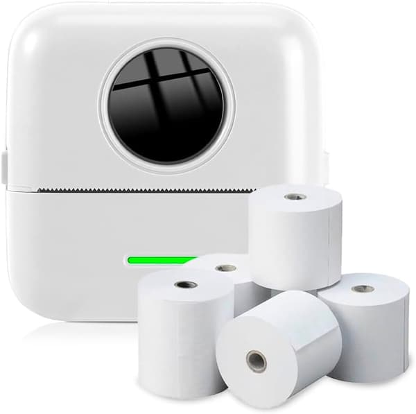 Hvit bærbar fotoprinter med 5 ruller termisk papir - Mini Wi