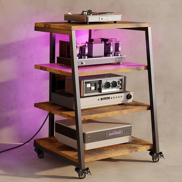 HIFI-møbel med 4 hylder, LED og hjul i træ. Audio/Vidéo-møbel, multimediehylde, rack med 3 stik og USB, max. 140KG.