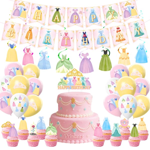 Prinsessefest Serviseutstyr, Inkluderer Gratulerer med dagen Bakteppe Banner, for Jenter Prinsessebursdag Prinsessetema festservisesett