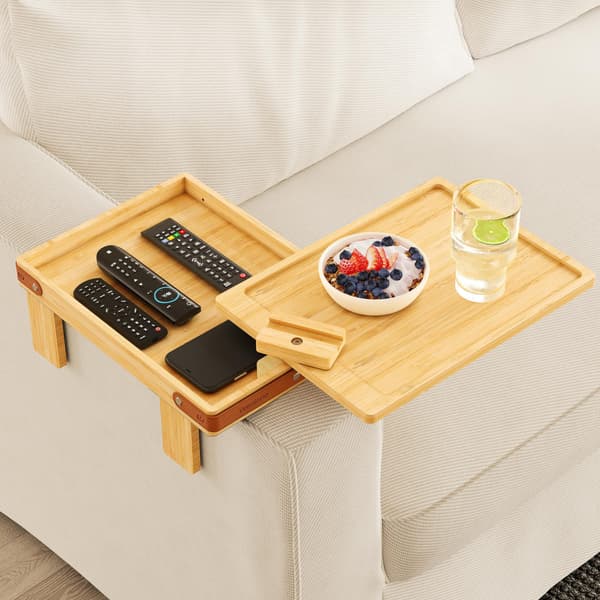 Svingbart armbrett for sofa - 2-etasjes klembart sofebrett med oppbevaringsrom - Tre sidebord for stue