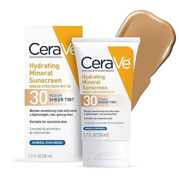 CeraVe Tonet Mineral Solcreme SPF 30, Fugtgivende Ansigtsolcreme med Zinkoxid og Titaniumdioxid, Transparent Tone for Sund Glød, 50 ml SPF 30