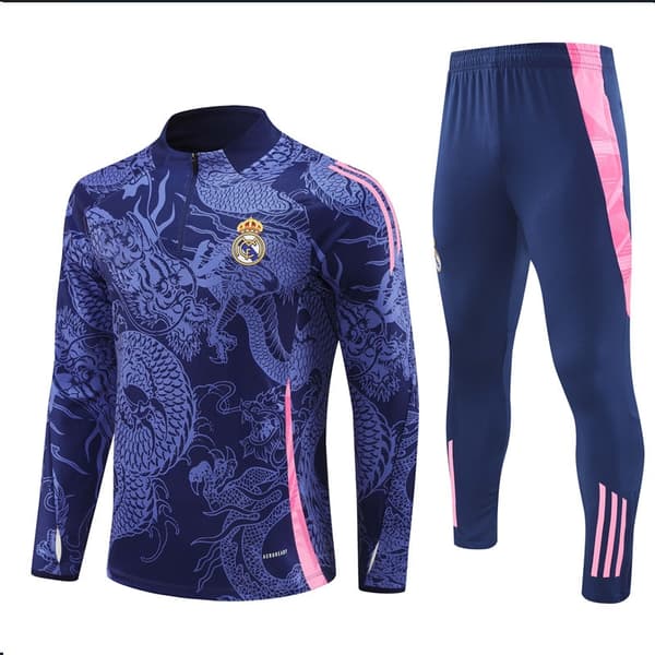 2425 Uusi Real Madrid Jalkapallo Pitkähihainen Puolivetoketjullinen Harjoitus T-paita Aikuisille ja Lapsille Tumman Sininen - Täydellinen Tumman Sinin