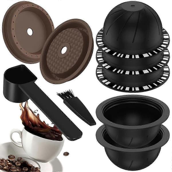 5 stk. Gjenbrukbare Vertuo-kapsler for Nespresso-maskin, Kaffekapsel med 2 silikonlokk, 1 skje og børste