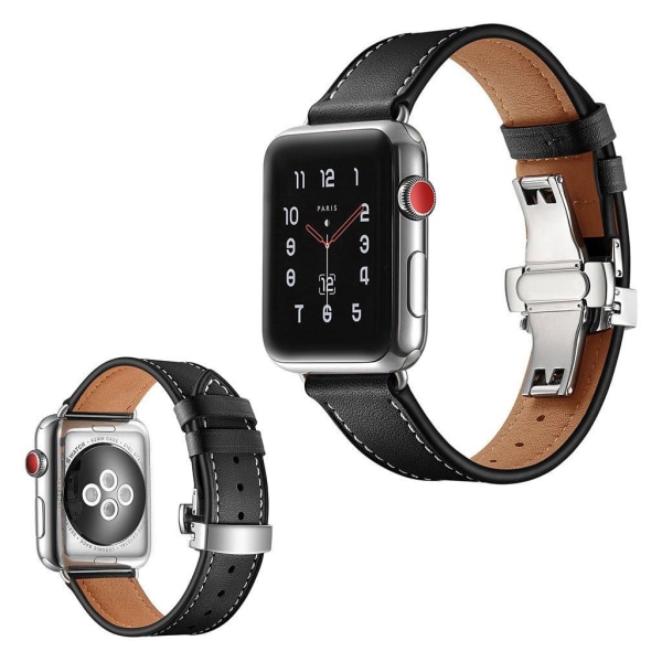 Generic Apple Watch Series 5 40mm Holdbar Ægte Læder Urrem - Sølv Spænde Black