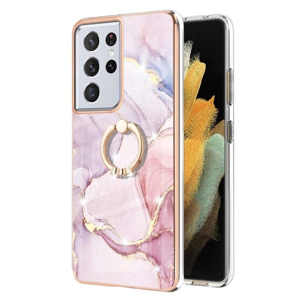 Generic Marble Mønstret Cover Med Ring Holder Til Samsung Galaxy S21 Ult Pink