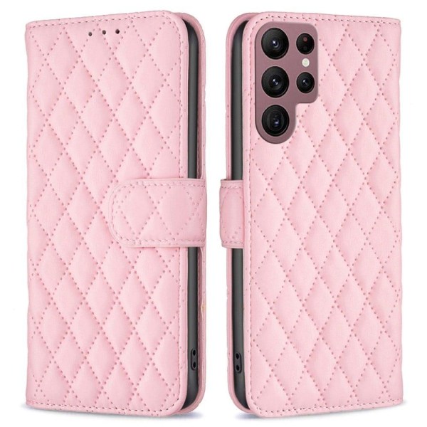 Generic Rhombus Mønster Matte Flip Etui Til Samsung Galaxy S22 Ultra - L Pink