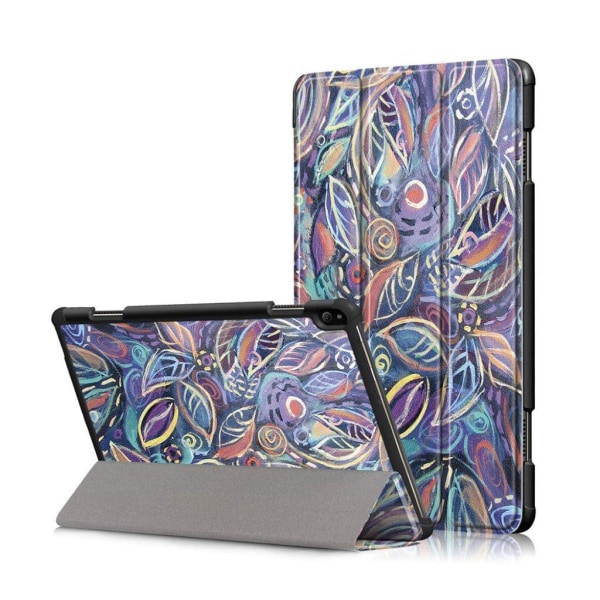 Generic Lenovo Tab P10 Mønstret Læder Flip Etui - Farverige Blade Multicolor