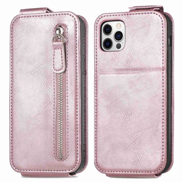 Generic Vertical Flip Phone Etui Med Zipper Til Iphone 12 / Pro - Rød Pink