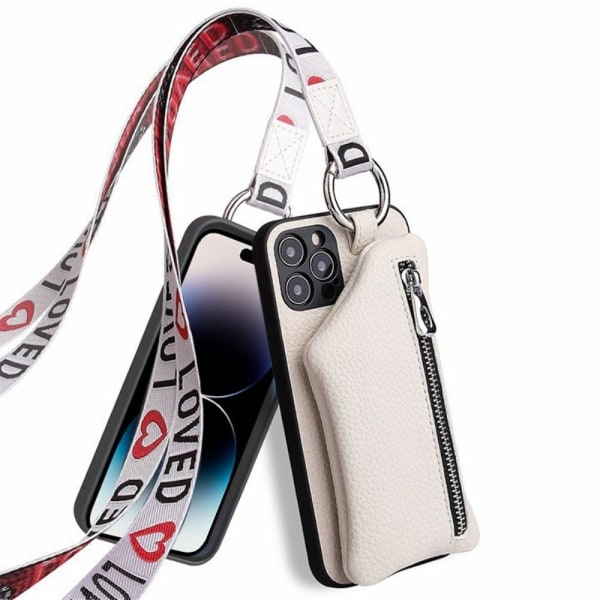Generic Iphone 14 Pro Detachable Leather Cover With Lanyard - White