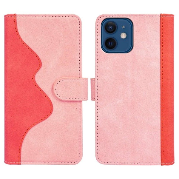 Generic To Farvet Læder Flip Etui Til Iphone 12 Mini - Lyserød Pink