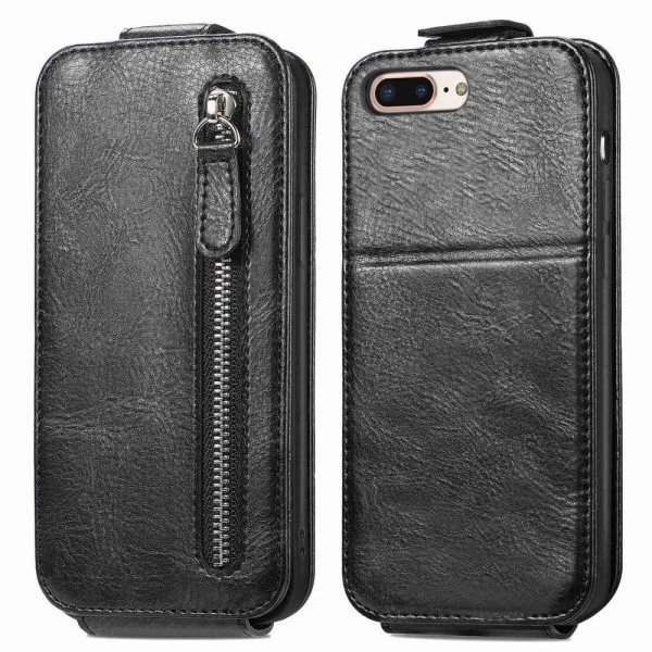 Generic Vertical Flip Phone Etui Med Zipper Til Iphone 7 Plus / 8 - Black