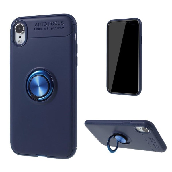 Generic Iphone Xr Mobiletui I Kombimaterialer Med Ringholder - Blå Blue