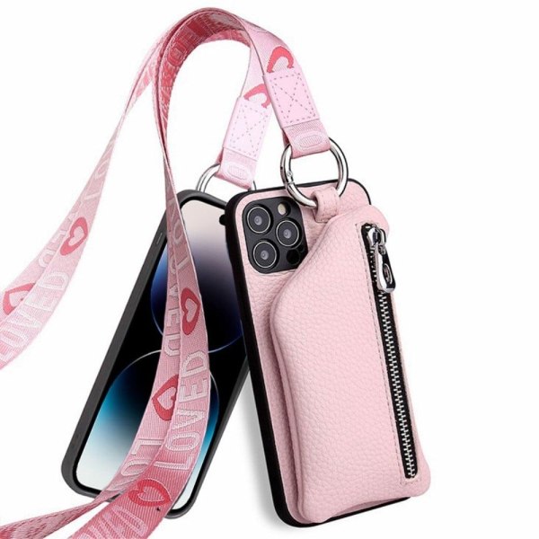 Generic Iphone 14 Pro Max Detachable Leather Cover With Lanyard - Pink