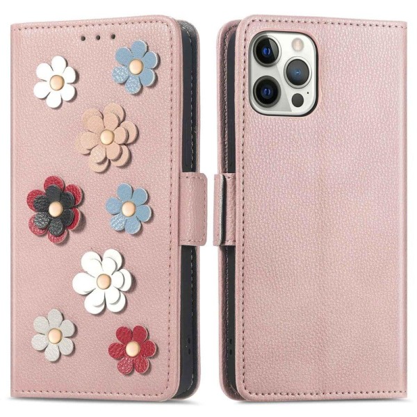 Generic Soft Flower Decor Leather Case For Iphone 13 Pro Max - Rose Gold Pink