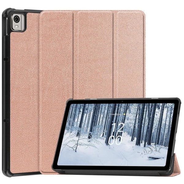 Generic Tri-fold Leather Stand Case For Nokia T21 - Rose Gold Pink
