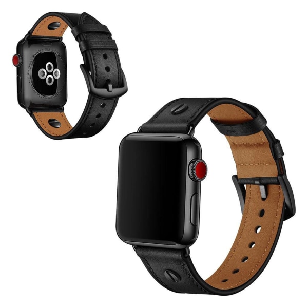 Generic Apple Watch Series 5 44mm Nitte Dekorations Ægte Læder Urrem - S Black