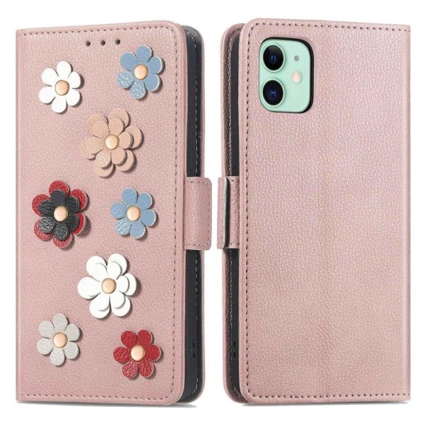 Generic Soft Flower Decor Leather Case For Iphone 12 Mini - Rose Gold Pink