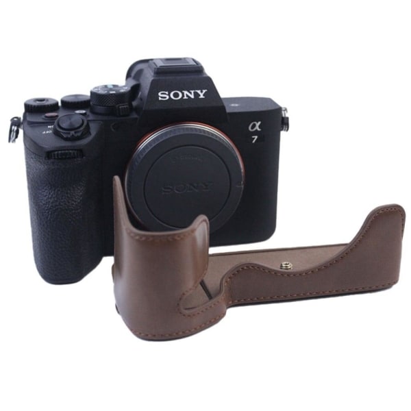 Generic Sony A7s Iii Half-body Pu Leather Case - Coffee Brown