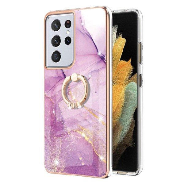 Generic Marble Mønstret Cover Med Ring Holder Til Samsung Galaxy S21 Ult Pink