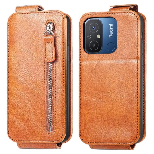 Generic Vertical Flip Phone Etui Med Zipper Til Xiaomi Redmi 12c / 11a - Brown