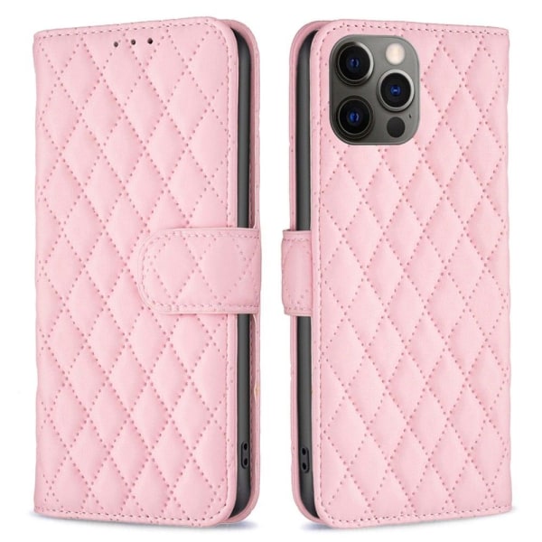Generic Rhombus Mønster Matte Flip Etui Til Iphone 12 Pro - Lyserød Pink