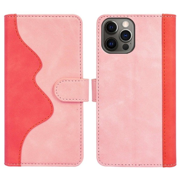 Generic To Farvet Læder Flip Etui Til Iphone 12 / Pro - Lyserød Pink