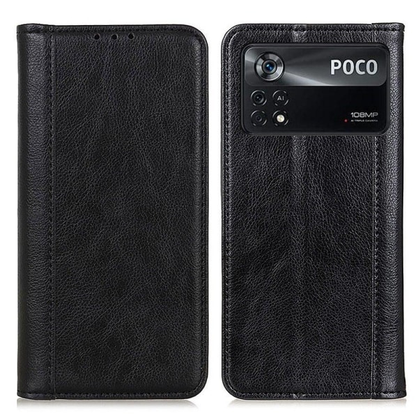 Generic Ægte Læder Etui Med Magnetic Closure Til Xiaomi Poco X4 Pro 5g - Black