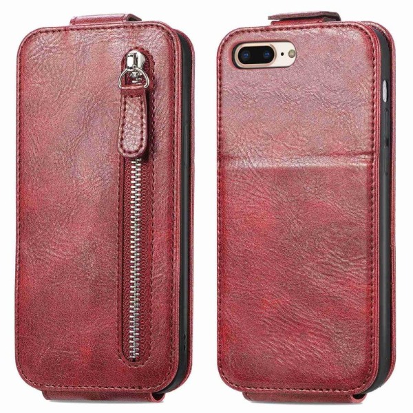 Generic Vertical Flip Phone Etui Med Zipper Til Iphone 7 Plus / 8 - Red