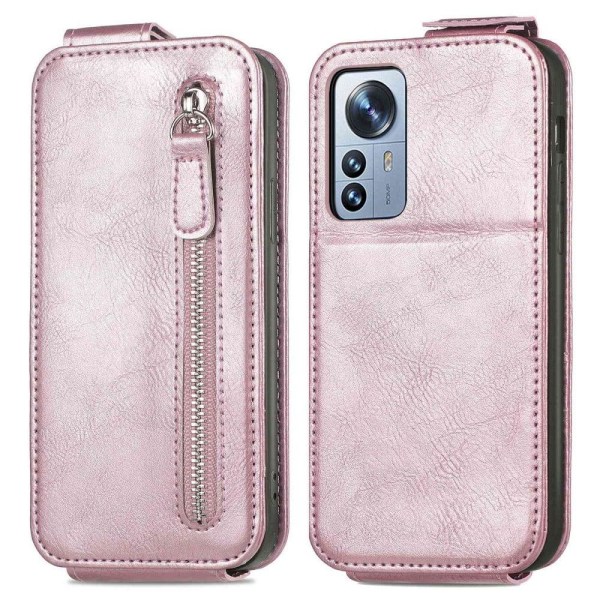 Generic Vertical Flip Phone Etui Med Zipper Til Xiaomi 12s Pro / 12 Pink