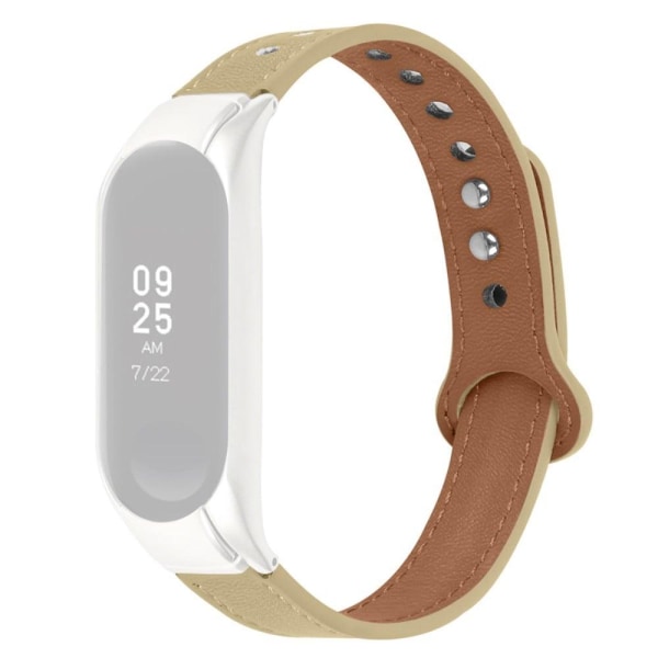 Generic Xiaomi Mi Band 7 Cowhide Leather Watch Strap With Silver Cover - Beige