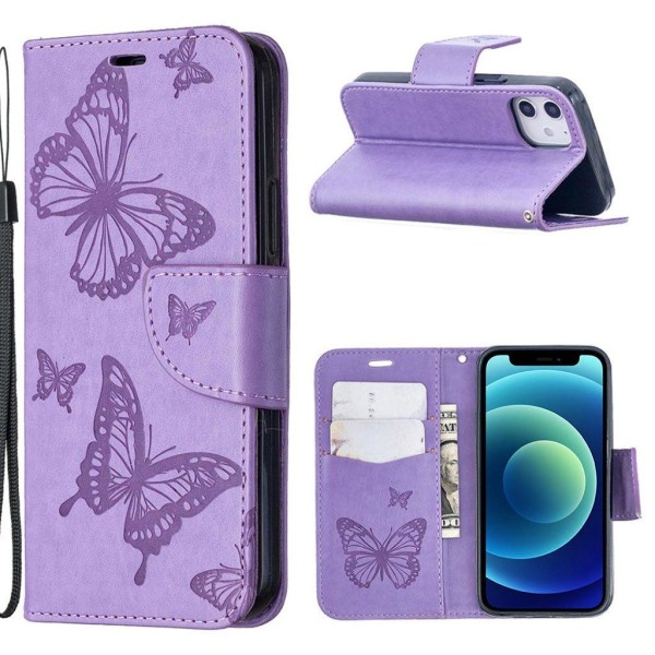Generic Butterfly Iphone 12 Mini Flip Etui - Lilla Purple