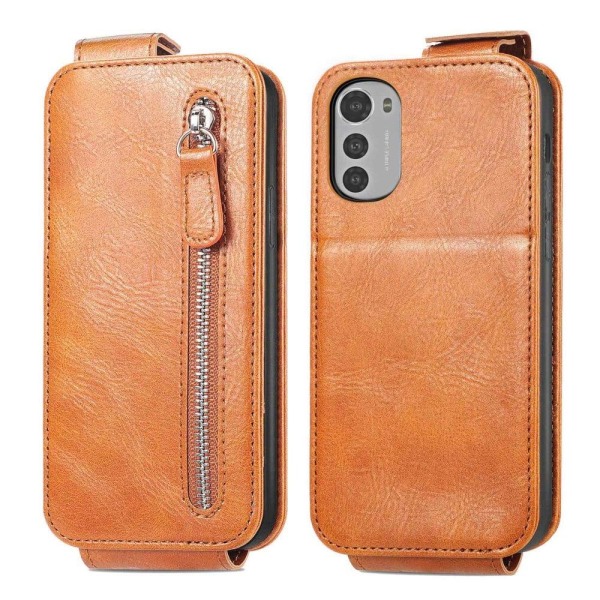 Generic Vertical Flip Phone Etui Med Zipper Til Motorola Moto E32s / E32 Brown