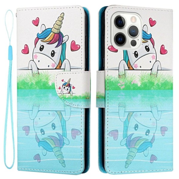 Generic Wonderland Iphone 14 Pro Flip Etui - Hjerte Form / Horse Blue