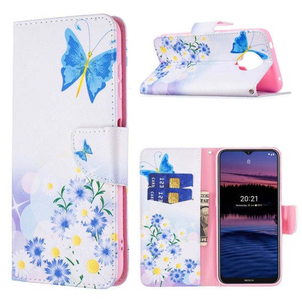 Generic Wonderland Nokia G20 Flip Etui - Blå Sommerfugl Og Blomster Pink