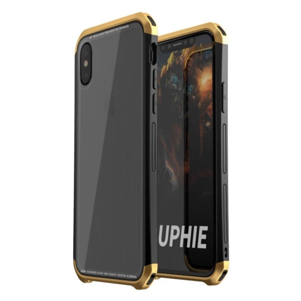 Generic Luphie Iphone X Beskyttelsesetui I Hærdet Glas Med Aluminiums Ra Gold