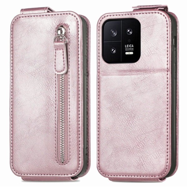 Generic Vertical Flip Phone Etui Med Zipper Til Xiaomi 13 - Rødguld Pink