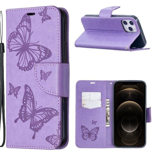 Generic Butterfly Iphone 12 Pro Max Flip Etui - Lilla Purple