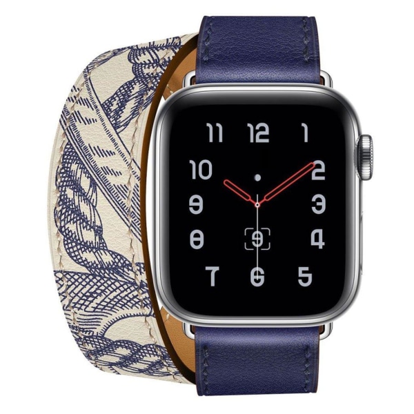 Generic Apple Watch Series 5 44mm Mønster Ægte Læder Urrem - Blå Blue