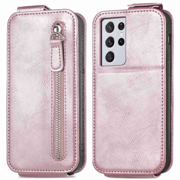 Generic Vertical Flip Phone Etui Med Zipper Til Samsung Galaxy S21 Ultra Pink