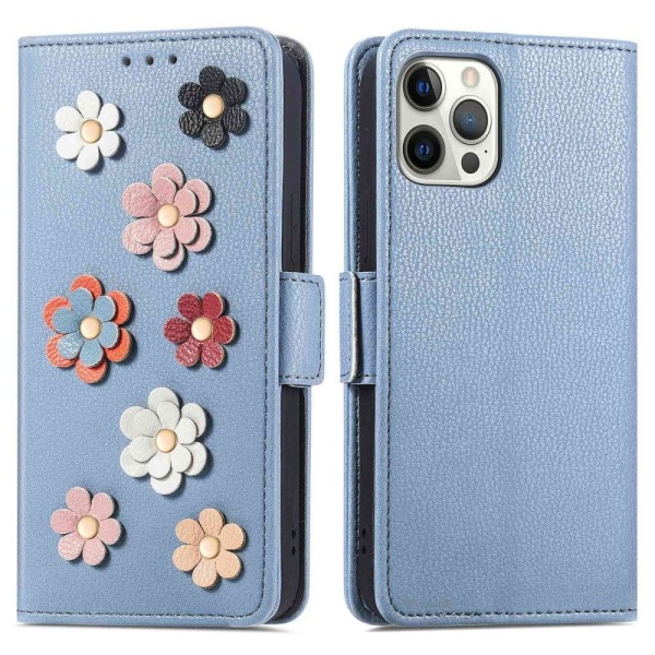 Generic Soft Flower Decor Leather Case For Iphone 12 Pro Max - Blue