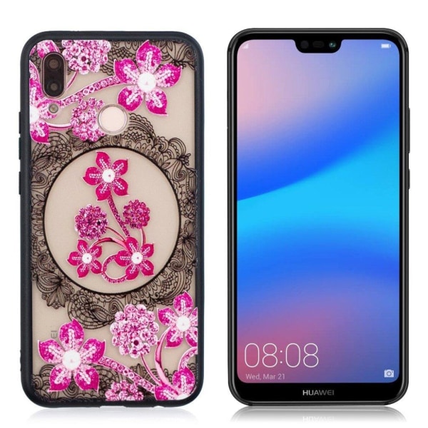 Generic Huawei P20 Lite Rhinstens Blomster Kombi Etui - Lyserød Blomst Pink
