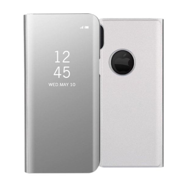 Generic Iphone X Etui I Læder Og Plastik Med Spejloverflade - Hvid Silver Grey
