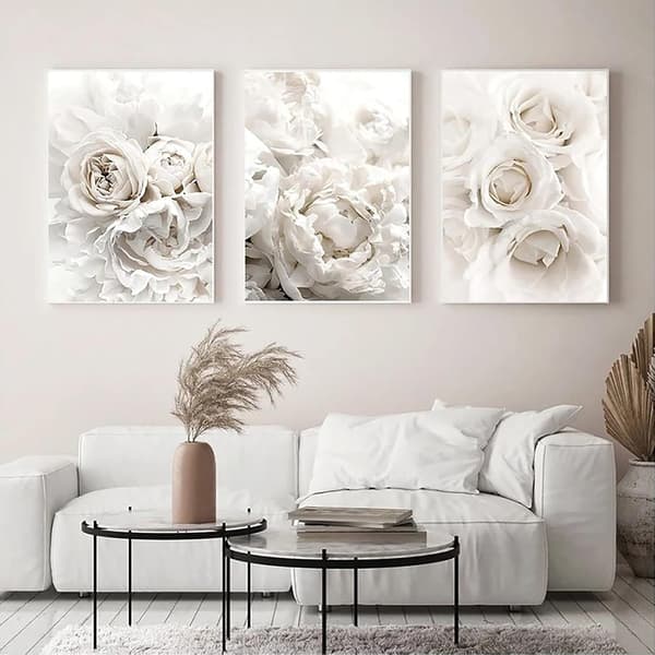 Sæt med 3 premium plakater hvide blomster, stue dekoration, uden ramme