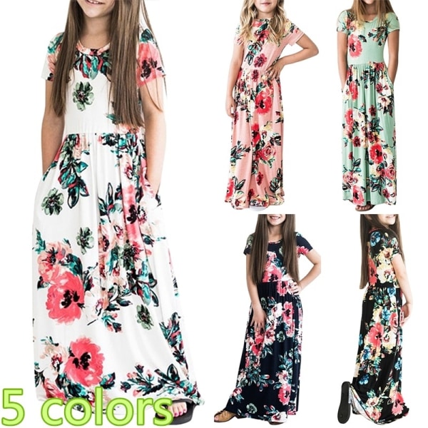 Floral Printed Long Dress Girls Fashion Short Pink 80 Cm