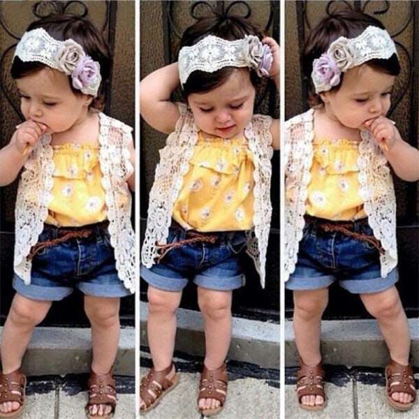 Kids Lace Jacket+yellow Vest+short Jeans Yellow And Blue 115 Cm