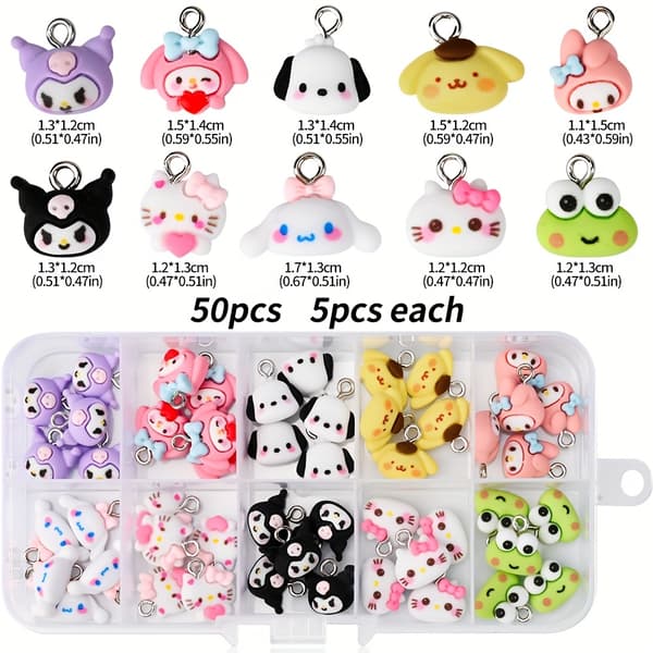 50 kpl Sanrio Hello Kitty & Friends 3D-hartsikoristeita - Söpöjä sarjakuvahahmoja tee-se-itse-korujen valmistukseen, suloisia Kuromille, Melodylle -FA