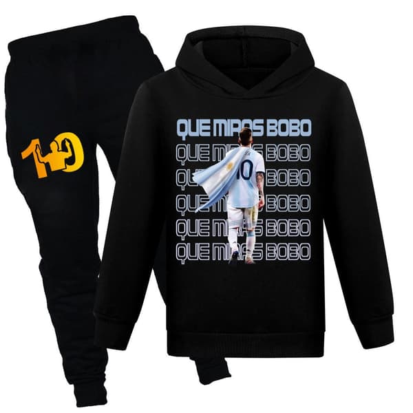 Barn Gutter Jenter Messi Fotball Fotballdrakter Treningssett Hettegenser Topper+Bukser Svart Black-FA5-