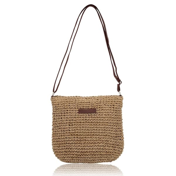 Stråveske for Kvinner, Liten Crossbody-veske for Sommerstranden med Glidelås og Justerbar Skulderrem, Bohovevd Håndlaget Skulderveske (Khaki) Khaki
