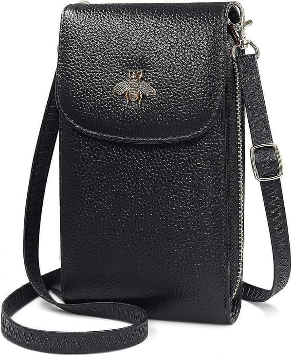 Crossbody-puhelinlaukku naisille, aitoa nahkaa, pieni matkapuhelimen crossbody-olkalaukku, lompakko 8 korttipaikalla, useita lokeroita (musta)