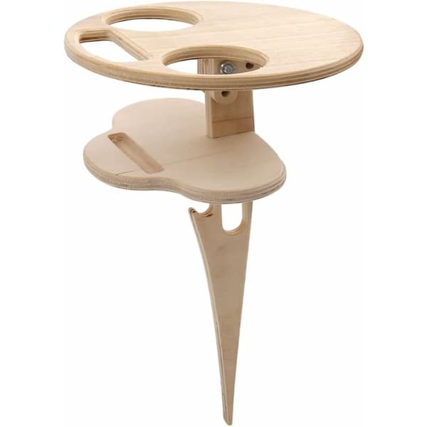 Utendørs vinbord, rundt trepiknikbord, osteglass vinplen, doble lag med flaskeholder sammenleggbart bord strandbord mini sammenleggbart bord
